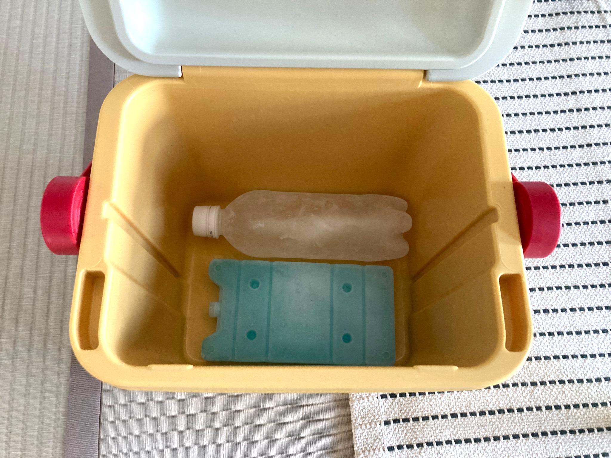 キャンプサイトで使用中のCHUMSキャンパークーラー9L（木製テーブル上）